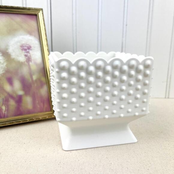 Hand Crafted Other - White Hobnail Bowl, Small Pedestal Bowl, Decorative Bowl with Scalloped Edge